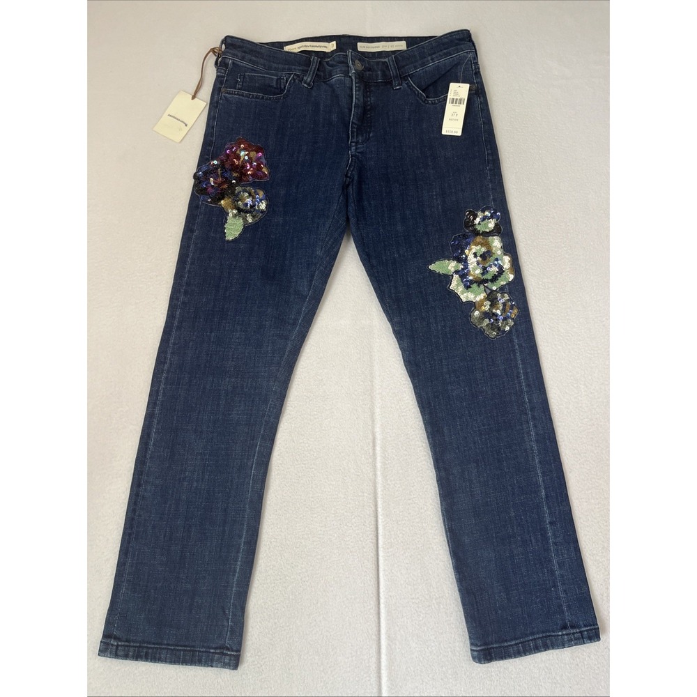 Pilcro Anthropologie Sequin Floral Slim Boyfriend Jeans Dark Wash 27P NWT